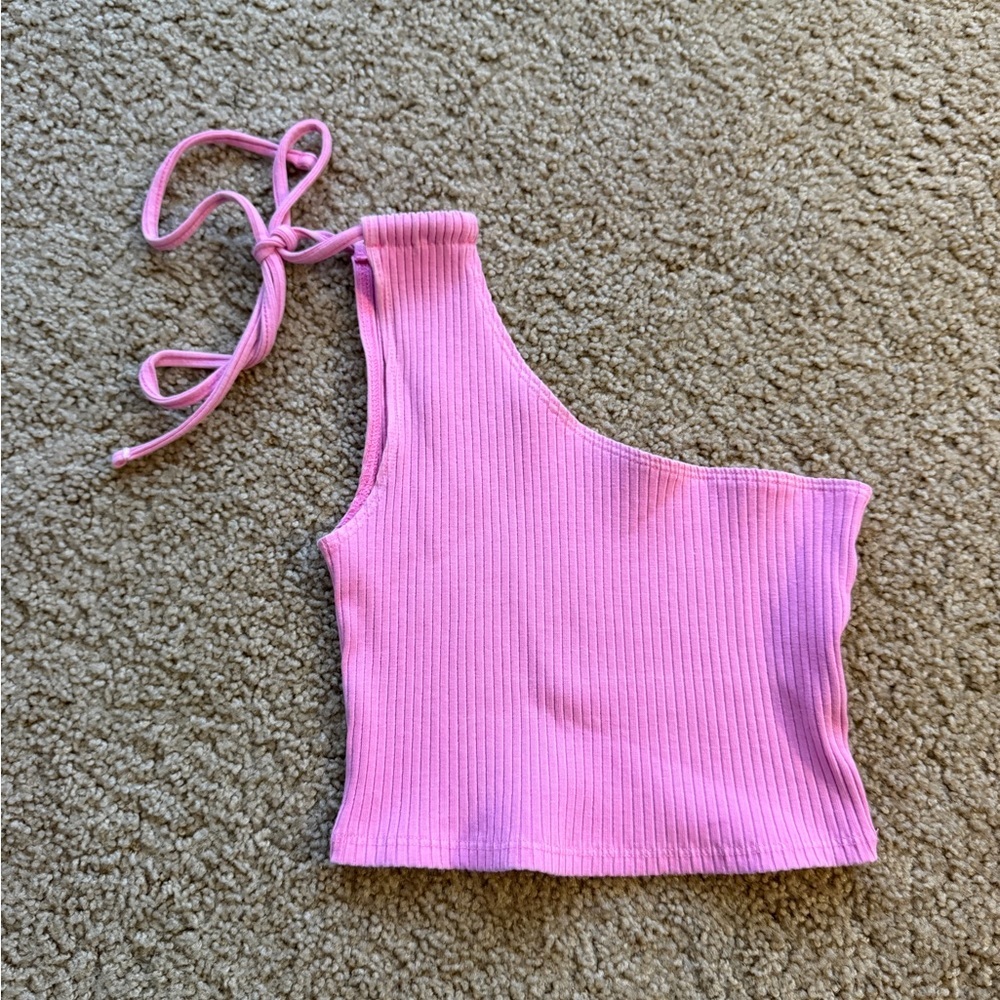 Aerie Pink Ribbed Asymmetric Crop Top